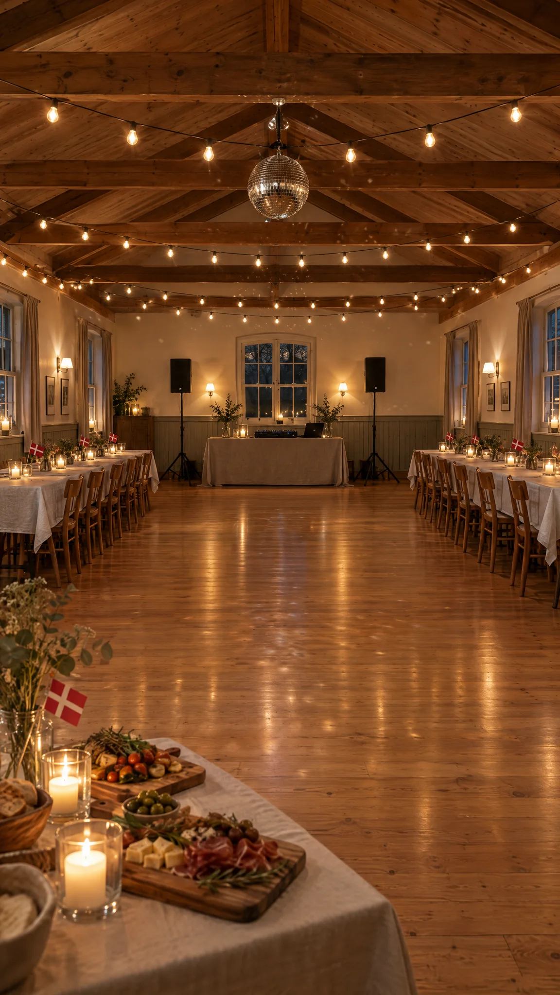 Forsamlingshus med dansegulv, spejlkugle og tapas på de lange borde